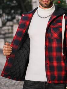 Manfinity CasualCool Men's Casual Plaid Button-Up Drawstring Hooded Padded Coat, Autumn, Christmas - Red - View 8
