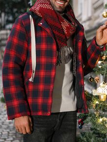 Manfinity CasualCool Men's Casual Plaid Button-Up Drawstring Hooded Padded Coat, Autumn, Christmas - Red - View 6