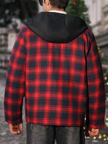 Manfinity CasualCool Men's Casual Plaid Button-Up Drawstring Hooded Padded Coat, Autumn, Christmas - Red - View 7