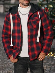 Manfinity CasualCool Men's Casual Plaid Button-Up Drawstring Hooded Padded Coat, Autumn, Christmas - Red - View 2
