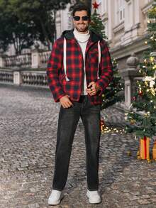 Manfinity CasualCool Men's Casual Plaid Button-Up Drawstring Hooded Padded Coat, Autumn, Christmas - Red - View 3