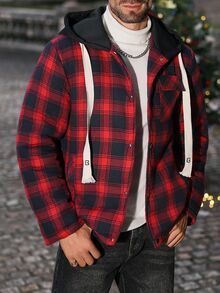 Manfinity CasualCool Men's Casual Plaid Button-Up Drawstring Hooded Padded Coat, Autumn, Christmas - Red - View 5