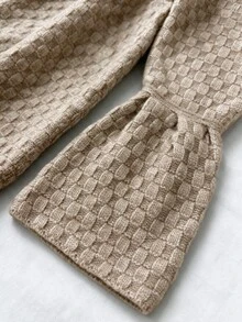 Omancia Elegant Mock Neck Textured Knit Dress, Long Flared Sleeve Button Down Waist Cinched A-Line Mini Sweater Dress For Fall - Khaki - View 6