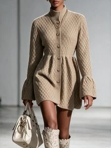 Omancia Elegant Mock Neck Textured Knit Dress, Long Flared Sleeve Button Down Waist Cinched A-Line Mini Sweater Dress For Fall - Khaki - View 4