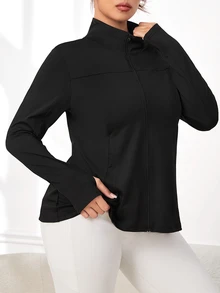 SHEIN Rhythm Era Plus Size Reflective Polka Dot Print Long Sleeve Zipper Jacket With Thumb Holes Fall - Black - View 4