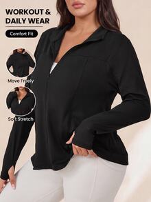 SHEIN Rhythm Era Plus Size Reflective Polka Dot Print Long Sleeve Zipper Jacket With Thumb Holes Fall - Black - View 1