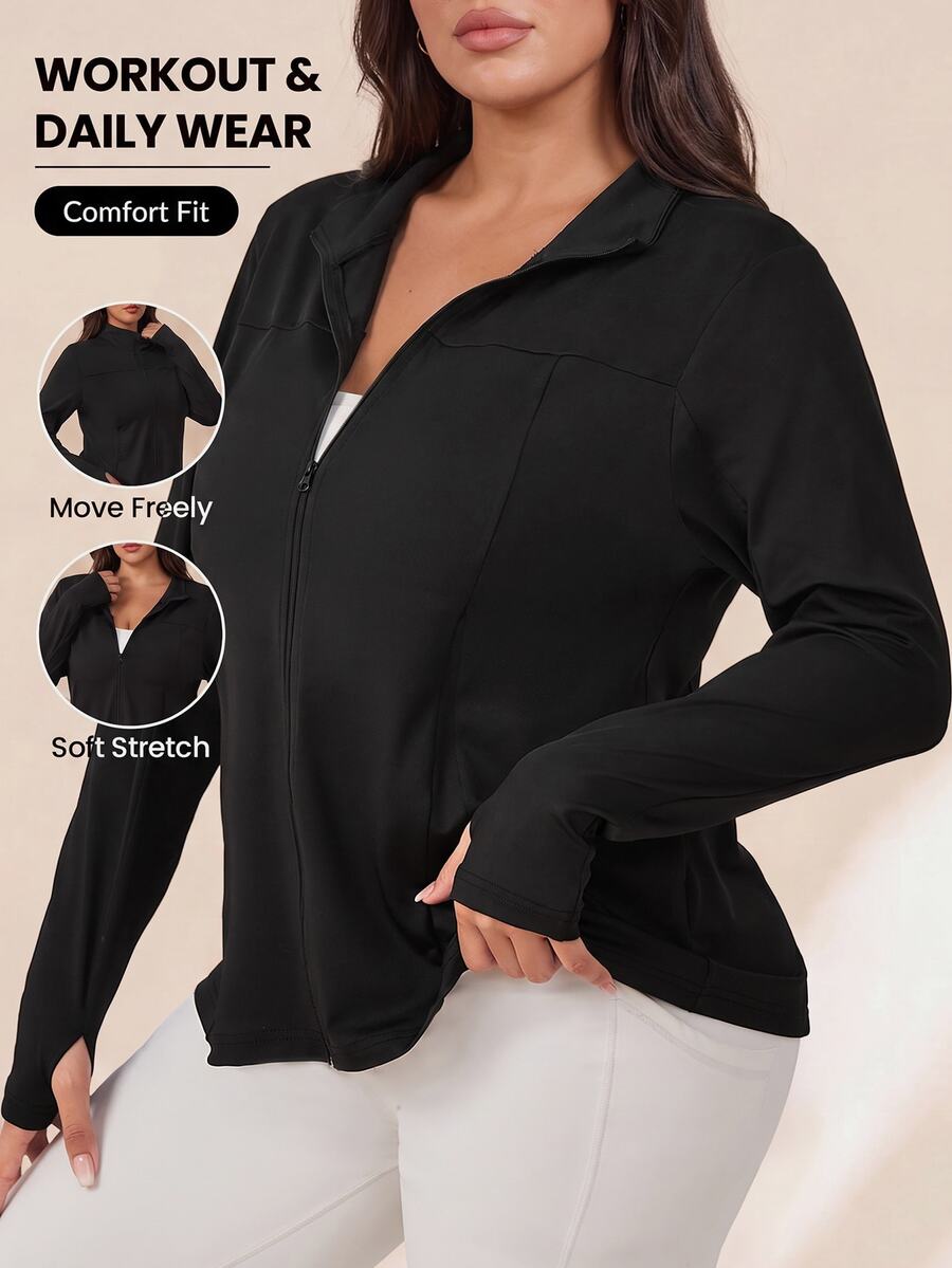 SHEIN Rhythm Era Plus Size Reflective Polka Dot Print Long Sleeve Zipper Jacket With Thumb Holes Fall - Black - View 1