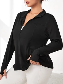 SHEIN Rhythm Era Plus Size Reflective Polka Dot Print Long Sleeve Zipper Jacket With Thumb Holes Fall - Black - View 5