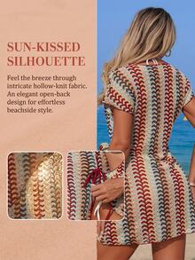 Swim Lushoire 女款紋理面料隨機碎花印花V領前綁式罩衫，復古度假海灘派對風 - 彩色 - 查看 9