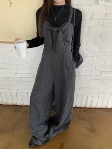 DAZY Women's High Waist Spaghetti Strap Bowknot Decor Jumpsuit - Grey - View 6