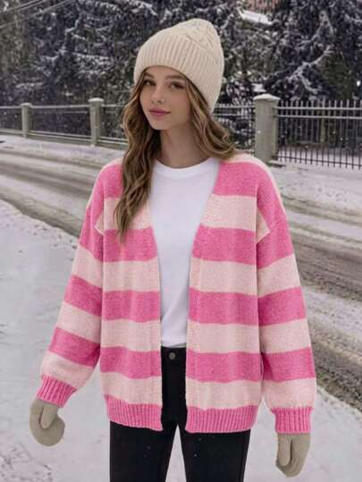SHEIN 1pc Girls' Cardigan Sweater, Fashion Classic Color Block Striped V-Neck Drop Shoulder Long Sleeve, Casual Slouchy, Regular Thickness, Neat Hem