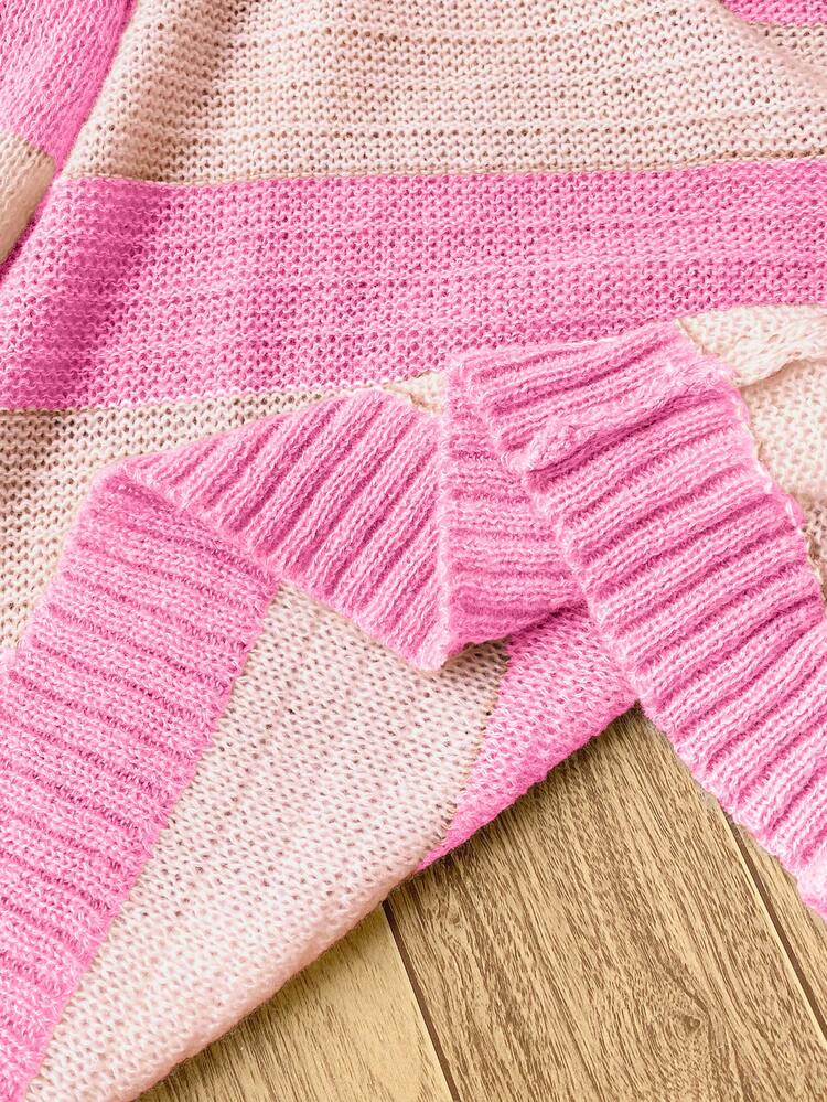 SHEIN 1 buah Sweater Kardigan Anak Perempuan, Modis Klasik, Blok Warna, Garis-garis, Leher V, Bahu Jatuh, Lengan Panjang, Kasual, Longgar, Ketebalan Normal, Ujung Rapi - Berwarna merah muda - View 4