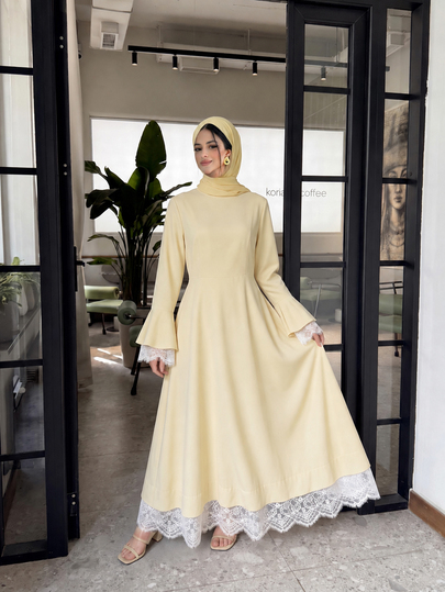 Yasmyna Pale Yellow Lace Trim Ruffle Bell Sleeve Cinched Waist Full Skirt Round Neck Elegant Date Commute Casual Women's Arabian Dress