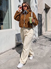 SHEIN Sports Women's Plus-Size High-Quality Casual Loose-Fit Stand-Collar Fleece Warm Cropped Zip-Up Sweatshirt/Jacket (Brown) - New Autumn/Winter Collection - Brown - View 5
