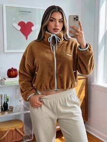 SHEIN Sports Women's Plus-Size High-Quality Casual Loose-Fit Stand-Collar Fleece Warm Cropped Zip-Up Sweatshirt/Jacket (Brown) - New Autumn/Winter Collection - Brown - View 2