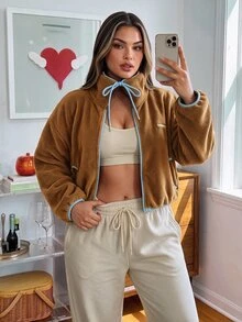 SHEIN Sports Women's Plus-Size High-Quality Casual Loose-Fit Stand-Collar Fleece Warm Cropped Zip-Up Sweatshirt/Jacket (Brown) - New Autumn/Winter Collection - Brown - View 3