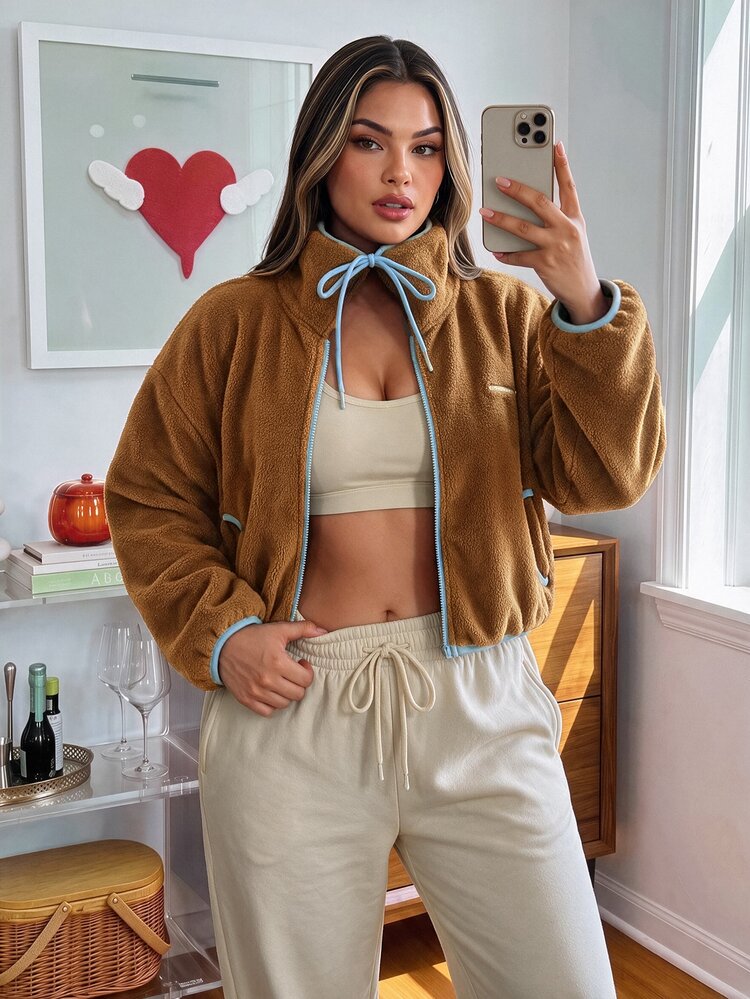SHEIN Sports 女款大尺碼高品質休閒寬鬆立領抓絨保暖短版拉鍊連帽衫/夾克 (棕色) - 秋冬新系列 - 棕色 - 查看 3
