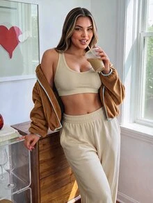 SHEIN Sports Women's Plus-Size High-Quality Casual Loose-Fit Stand-Collar Fleece Warm Cropped Zip-Up Sweatshirt/Jacket (Brown) - New Autumn/Winter Collection - Brown - View 4