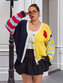 SHEIN CURVE+ Kardigan Patchwork Blok Warna Kasual Ukuran Besar untuk Musim Gugur/Dingin - MultiWarna - View 4