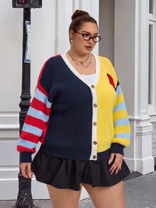 SHEIN CURVE+ Kardigan Patchwork Blok Warna Kasual Ukuran Besar untuk Musim Gugur/Dingin - MultiWarna - View 5