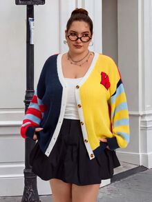 SHEIN CURVE+ Kardigan Patchwork Blok Warna Kasual Ukuran Besar untuk Musim Gugur/Dingin - MultiWarna - View 6