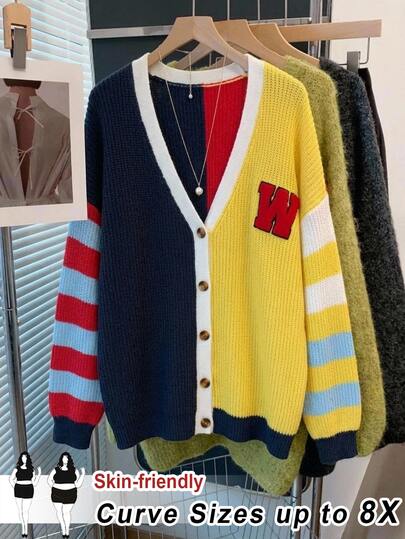 SHEIN CURVE+ Plus Size Autumn/Winter Casual Colorblock Patchwork Cardigan