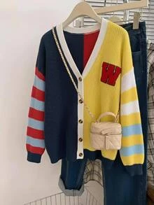 SHEIN CURVE+ Kardigan Patchwork Blok Warna Kasual Ukuran Besar untuk Musim Gugur/Dingin - MultiWarna - View 10