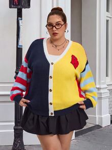 SHEIN CURVE+ Kardigan Patchwork Blok Warna Kasual Ukuran Besar untuk Musim Gugur/Dingin - MultiWarna - View 3