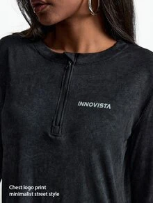 Innovista Innovista Women's Letter Print Zipper Design Long Sleeve Sports T-Shirt - Black - View 9