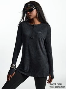 Innovista Innovista Women's Letter Print Zipper Design Long Sleeve Sports T-Shirt - Black - View 12