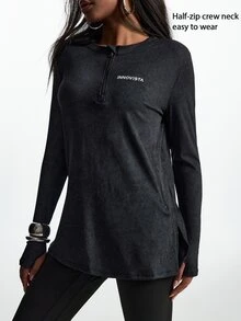Innovista Innovista Women's Letter Print Zipper Design Long Sleeve Sports T-Shirt - Black - View 11
