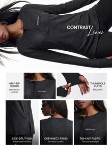 Innovista Innovista Women's Letter Print Zipper Design Long Sleeve Sports T-Shirt - Black - View 6