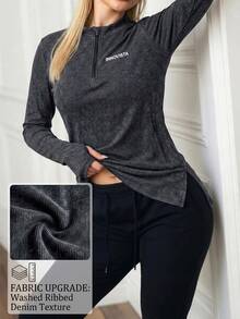 Innovista Innovista Women's Letter Print Zipper Design Long Sleeve Sports T-Shirt - Black - View 2