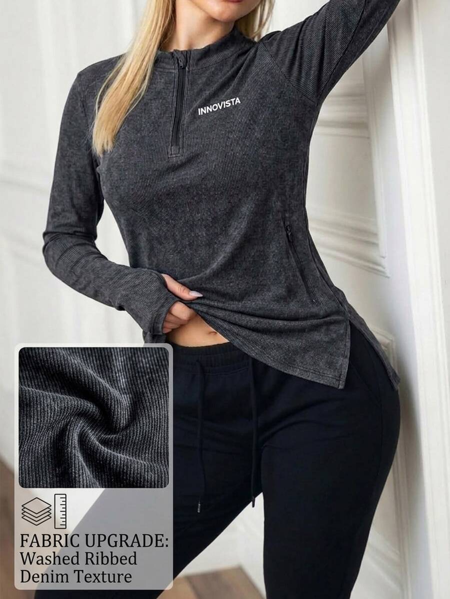 Innovista Innovista Women's Letter Print Zipper Design Long Sleeve Sports T-Shirt