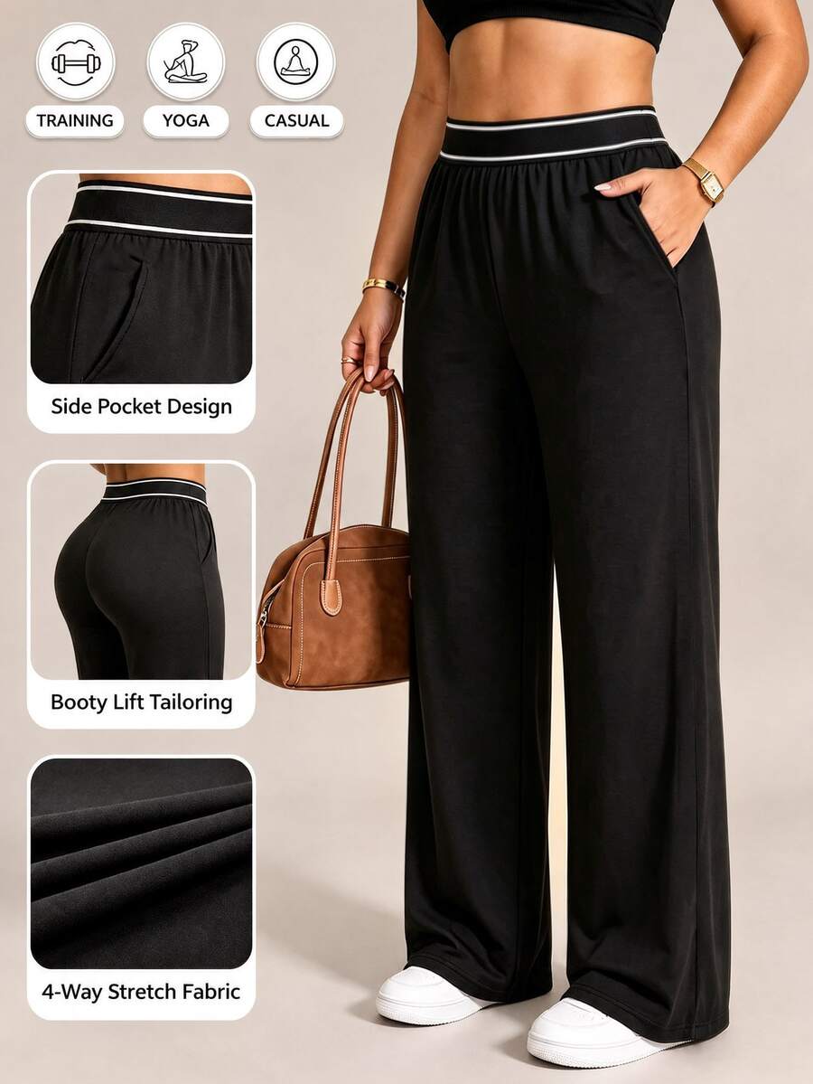 SHEIN Rhythm Era Women's Plus Size Casual Sports Long Pants - Black - View 1