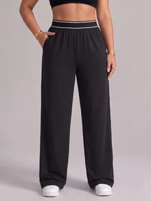 SHEIN Rhythm Era Women's Plus Size Casual Sports Long Pants - Black - View 5