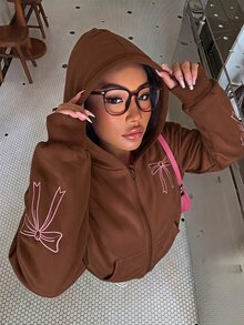 SHEIN 青少年女孩秋冬純色時尚蝴蝶結運動衫外套，舒適抓絨布料，時尚袖子設計，青春甜美風棕色寬鬆款 - 棕色 - 查看 5