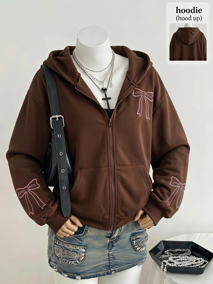 SHEIN 青少年女孩秋冬純色時尚蝴蝶結運動衫外套,舒適抓絨布料,時尚袖子設計,青春甜美風棕色寬鬆款 - 棕色 - 查看 1