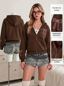 SHEIN 青少年女孩秋冬純色時尚蝴蝶結運動衫外套，舒適抓絨布料，時尚袖子設計，青春甜美風棕色寬鬆款 - 棕色 - 查看 3