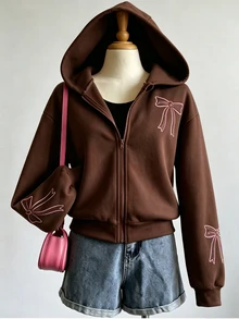 SHEIN 青少年女孩秋冬純色時尚蝴蝶結運動衫外套，舒適抓絨布料，時尚袖子設計，青春甜美風棕色寬鬆款 - 棕色 - 查看 4