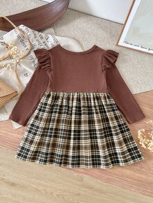Cozy Pixies 女嬰休閒日常舒適刺繡 2 合 1 圓領套頭秋冬連身裙 - 棕色 - 查看 2