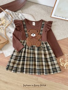 Cozy Pixies 女嬰休閒日常舒適刺繡 2 合 1 圓領套頭秋冬連身裙 - 棕色 - 查看 7