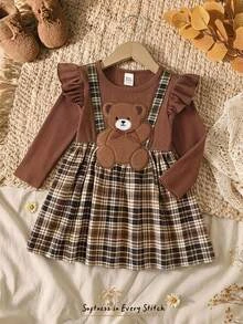 Cozy Pixies 女嬰休閒日常舒適刺繡 2 合 1 圓領套頭秋冬連身裙 - 棕色 - 查看 9
