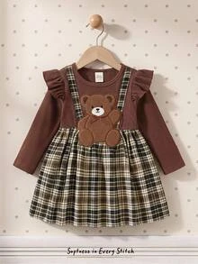 Cozy Pixies 女嬰休閒日常舒適刺繡 2 合 1 圓領套頭秋冬連身裙 - 棕色 - 查看 10