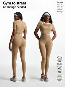 Innovista Innovista 女款條紋拼接配色短袖上衣與修身運動緊身褲套裝 - 棕色 - 查看 3