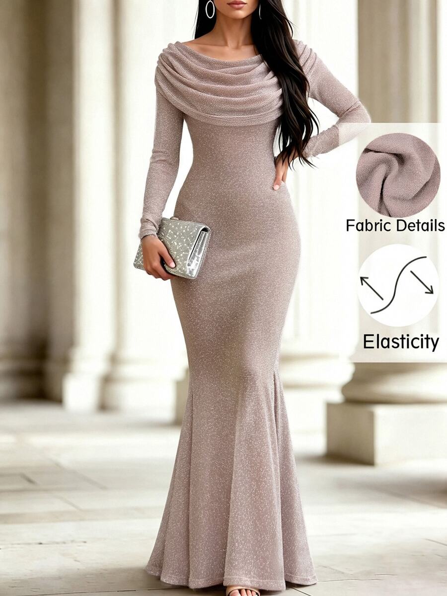 Balvessa Solid Color Shiny Knit Cowl Neck Cinched Waist Bodycon Mermaid ...