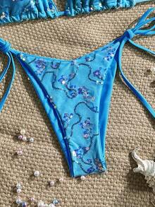 Costavie 2 Pieces Colorful Sequin Special Fabric Triangle Cup Bra And Side Tie Swim Bottoms Sexy Bikini Set, Spring/Summer - Blue - View 6