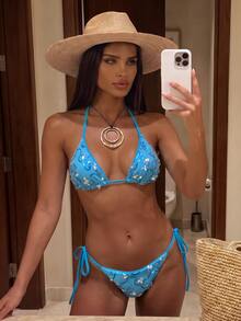 Costavie 2 Pieces Colorful Sequin Special Fabric Triangle Cup Bra And Side Tie Swim Bottoms Sexy Bikini Set, Spring/Summer - Blue - View 1