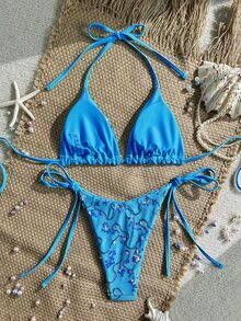Costavie 2 Pieces Colorful Sequin Special Fabric Triangle Cup Bra And Side Tie Swim Bottoms Sexy Bikini Set, Spring/Summer - Blue - View 2