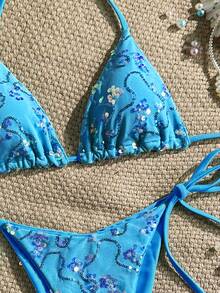 Costavie 2 Pieces Colorful Sequin Special Fabric Triangle Cup Bra And Side Tie Swim Bottoms Sexy Bikini Set, Spring/Summer - Blue - View 7